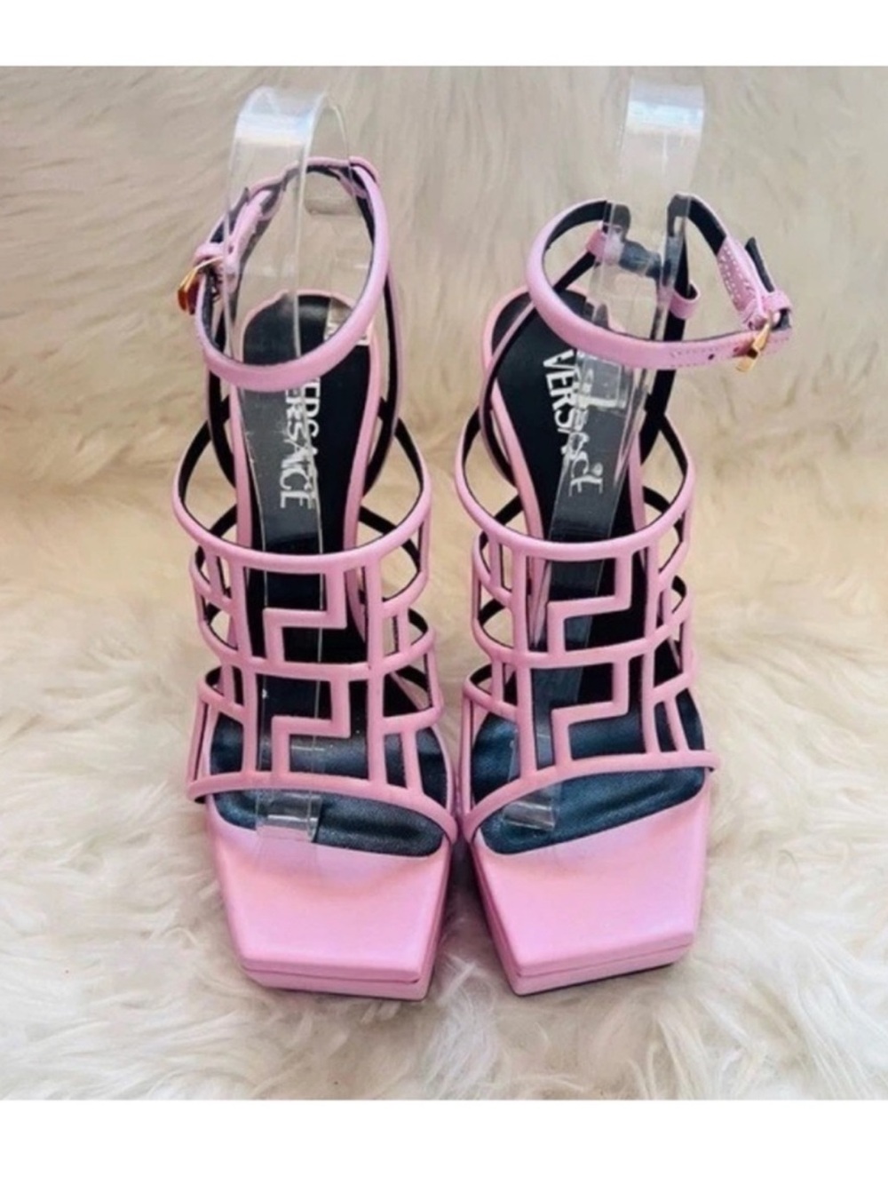 New! VERSACE Greca Maze Pink Leather Platform Sandals Heels IT 38 - Picture 7 of 13
